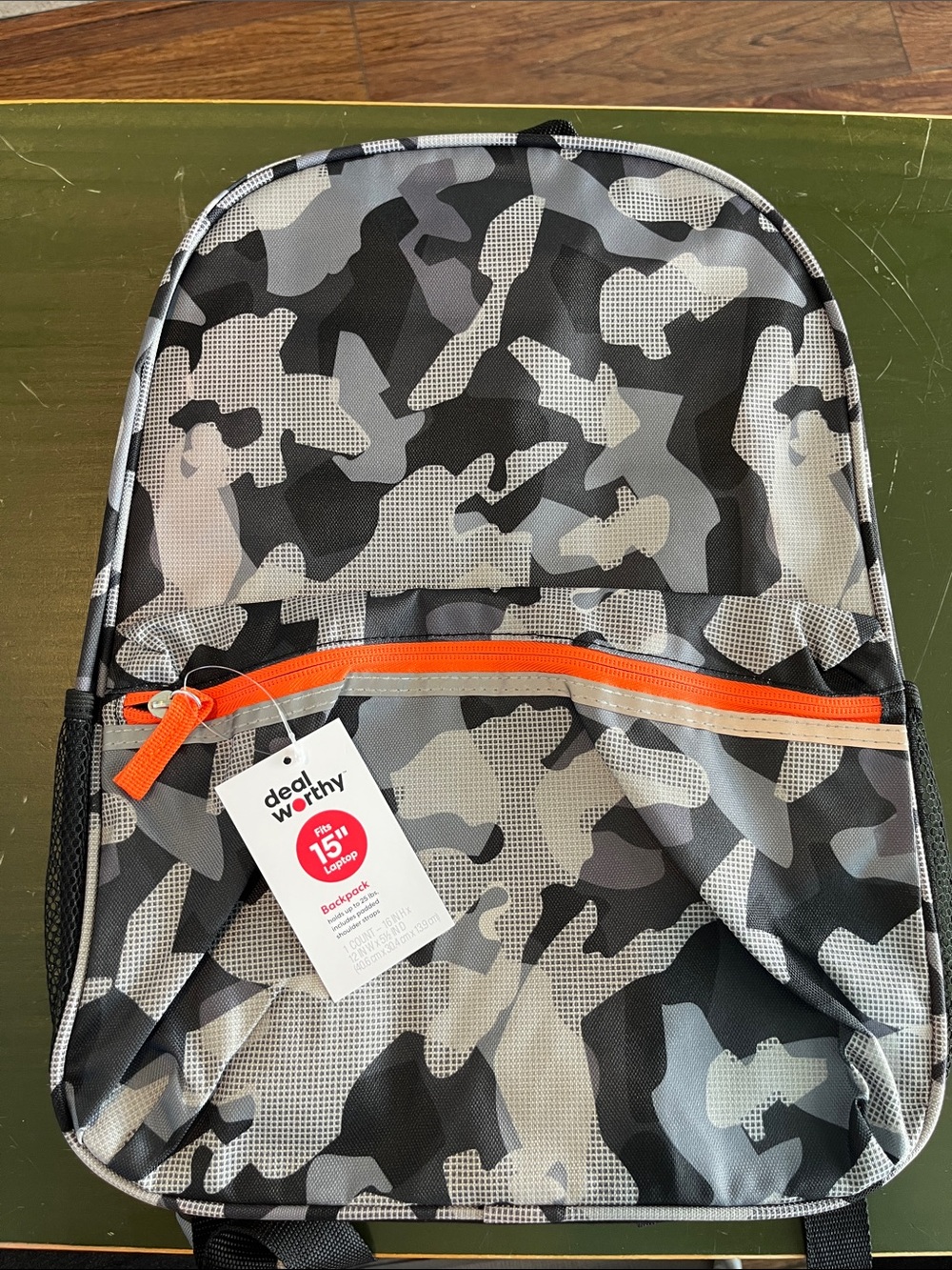 Gray Camo Backpack with Orange Accent